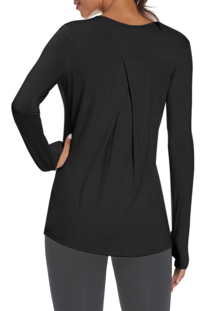 Mippo Womens Workout Athletic Yoga Long Sleeve Shirts Gym Pilates Clothes Soft Long Tunic Tops with Thumb Holes Black L - Image 1